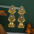 Ethnic Jhumka style long drop earrings in antique gold with intricate bead detail - Triple Tier Layered Pendant (WEH6341) / White Green Rhinestone Antique Gold