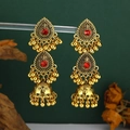 Bohemian gold Jhumka earrings featuring vintage red gemstones and beaded tassels - Ruby Red Bell Tassel (WEH6341) / Red Rhinestone Antique Gold
