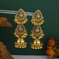 Ethnic Jhumka earrings in gold with pink beads and hollow drop fringe tassels - Hollow Water Drop Piece (WEH6341) / Green Rhinestone Antique Gold
