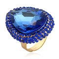 Detail of blue pear-cut crystal ring with double halo and adjustable golden band - One Size / KC Gold-Royal Blue