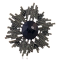Vintage abstract brooch with central black gemstone and grey crystal sunburst design - Antique Gold-Gray