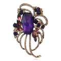 Detail view of vintage amethyst floral brooch with purple crystals in bronze setting - Antique Gold Purple