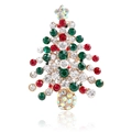 Detailed view of Christmas tree brooch with red and green rhinestones on gold base - KC Gold-Multicolor