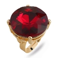 Top view of large faceted ruby red gemstone ring with gold woven texture band detail - Adjustable Open / KC Gold & Red