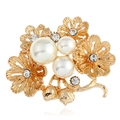 Elegant gold flower brooch with vintage pearls and sparkling rhinestones for women - Gold-White