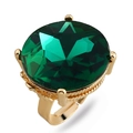 Detail view of the large emerald green gemstone set in a vintage golden adjustable ring - Adjustable Open / KC Gold Green