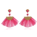 Detailed view of pink fan-shaped tassel earrings with gold-toned metal and pink beads - Pink
