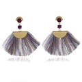 Detailed shot of bohemian fan-shaped earrings with purple beads and colorful silk tassels - Purple