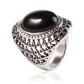 Macro detail of vintage silver ring featuring a large oval black stone with filigree patterns - 18# / Vintage Silver - Black