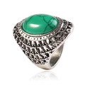 Close-up of vintage silver ring with oval green turquoise stone and intricate carvings - 18# / Antique Silver Green