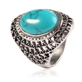 Macro detail of vintage silver ring featuring a large oval turquoise stone and intricate patterns - 18# / Antique Silver-Turquoise Blue