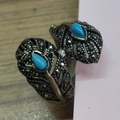 Anillo vintage de plata con diseño de pluma, turquesa gota y piedras de marcasita - 19# / Plata Antigua-Azul Turquesa