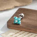Clou d'oreille trèfle en argent avec zircons bleu clair et fermoir à vis sécurisé - Spirale Externe en Acier Inoxydable - Vert