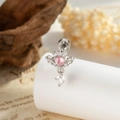 Pink heart angel wing piercing earring with cubic zirconia in silver finish - Silver/Pink Zirconia (Single)