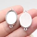 Silver oval bezel connector charm with double hanging loops for DIY jewelry making - Oval (B18145)