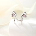 Silver finish kitten ear cuff featuring three inlaid pink zircon stones - Pink (Single Piece)