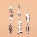 Set of 8 antique silver fish bone charms in various designs for DIY jewelry making - Antique Silver