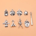 Set of 9 antique silver baseball charms featuring bats, gloves, and sports pendants - Baseball Sport Theme Charm Set / Antique Silver