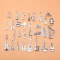 Set of 30 silver vintage music charms including guitar, violin, piano and music notes - Musical Instruments & Notes Set (L10316) / Antique Silver