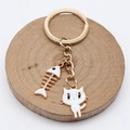 Creative handmade golden alloy keychain with white enamel cat and fishbone charms - White Cat and Fish Style (XY30059)