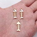 DIY fish bone alloy pendant charms in gold and white enamel for handmade jewelry - White