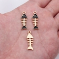 Black enamel fish bone charm with golden metal back for DIY jewelry making - Black