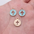 DIY round cross pendant charm with light blue enamel and golden sunburst metal texture - Sky Blue D20093 (U01-B03)