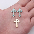 Three pieces of small light blue enamel cross charms with golden plating for jewelry making - Blue