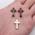 Three minimalist black enamel cross pendants with golden edges for jewelry making - Black