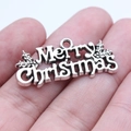 Silver Merry Christmas charm pendant with holly leaves and berries for DIY jewelry - Antique Silver