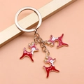 Golden keychain with three red and white enamel reindeer charms and polished ring - Christmas Deer Style (XY20020)