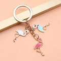 Rose gold flamingo keychain with white, blue, and pink enamel charms on a ring - Flamingo Style (XY30093)