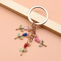 Golden keychain with colorful enamel rose charms in red, blue, purple and pink - Colorful Rose Style (XY30069)