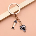 Handmade alloy keychain with black enamel cat and small fishbone pendant charms - Black Cat and Fish Style (XY30058)