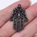 Gothic Hamsa Hand metal charm with intricate cutout pattern in matte black finish - Hand (D11811_W25-I08)
