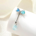 Bauchnabelpiercing Silber Schleife mit blauem Tropfenanhänger und Kristallsteinen - Blaue Schleife + Blauer Tropfen (A509-2) / Edelstahl Außenspirale / Silber/Blau