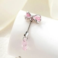 Bauchpiercing mit rosa Schleife, Tropfenanhänger und Glitzersteinen in Silberoptik - Rosa Schleife + Rosa Tropfen (A509-4) / Edelstahl Außenspirale / Silber/Rosa