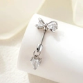 Silberner Bauchnabelpiercing mit Schleife und Herzanhänger mit funkelndem Zirkonia - Weiße Schleife + Weißes Herz (A509-5) / Edelstahl Außenspirale / Silber/Weiß