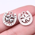 Antique silver horseshoe and four-leaf clover lucky charms for DIY jewelry making - Antique Silver