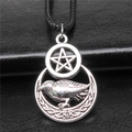 Retro pentagram raven pendant necklace in antique silver finish with black leather cord - Antique Silver Crow Pentagram Style (N6-ABD-C15318)