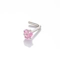 Minimalist L-shaped stainless steel nose stud featuring a pink heart-shaped zircon gemstone - Heart L-Shape / Pink