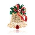 Creative Christmas bell brooch with green holly leaves and red rhinestone bow detail - KC Gold Multicolor