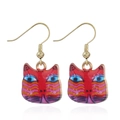 Vibrant red cat drop earrings with blue eyes and gold hooks on a white background - Red Yellow Striped Art Cat Style (EH5400)