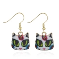 Detailed close-up of colorful enamel cat head hook earrings with vibrant gold plating - Colorful Pop Art Cat Style (EH5401)