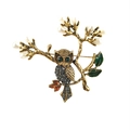 Vintage owl brooch in antique gold finish with green gemstone eyes and gray rhinestones - Antique KC Gold Green