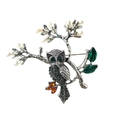 Vintage owl brooch with rhinestones and white pearls on branch, silver metal finish - Antique Silver Green