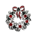 Sparkling Christmas wreath brooch with silver bow and festive red green crystals - Silver