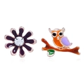 Asymmetric owl and floral stud earrings with colorful enamel and zircon stones - Black
