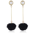 Long earrings with white faux pearl studs, sleek gold bars, and fluffy black pompom pendants - Black (KC Gold Stem)