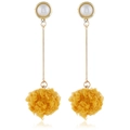 Long dangle earrings featuring white pearls and bright yellow fuzzy pom-poms on gold rods - Yellow KC Gold